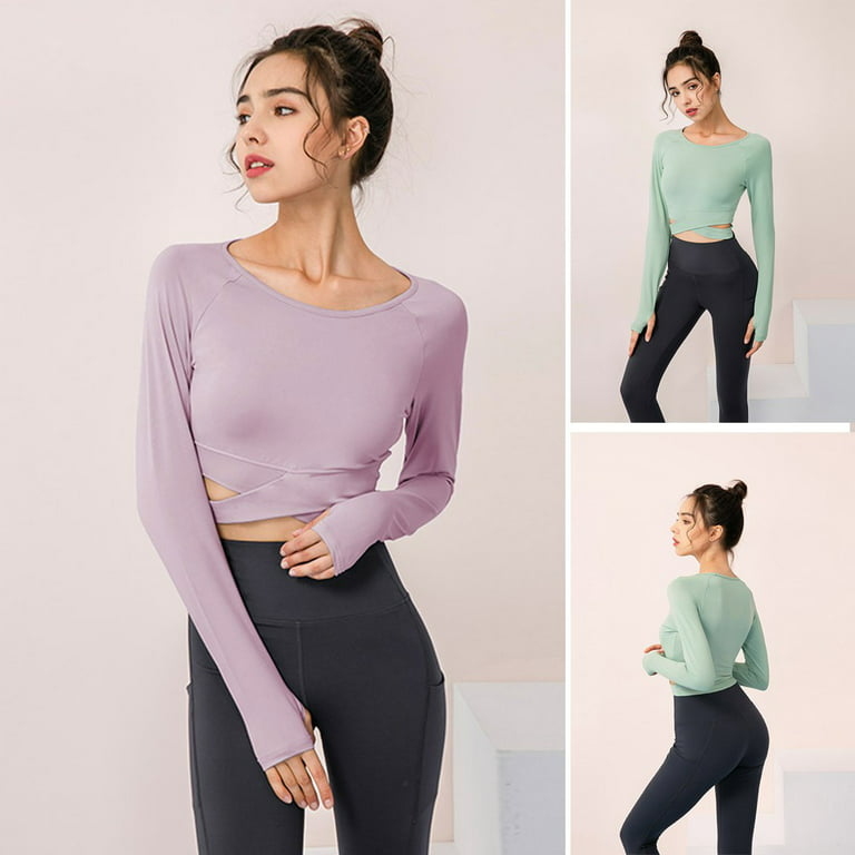 Long Sleeve Workout Shirts for Women Slim Fit Crop Top Yoga Shirts