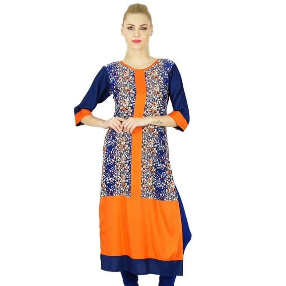 Bimba Women Orange Rayon custom Kurti Kurta Straight 3/4 Sleeve Top Ethnic Blouse
