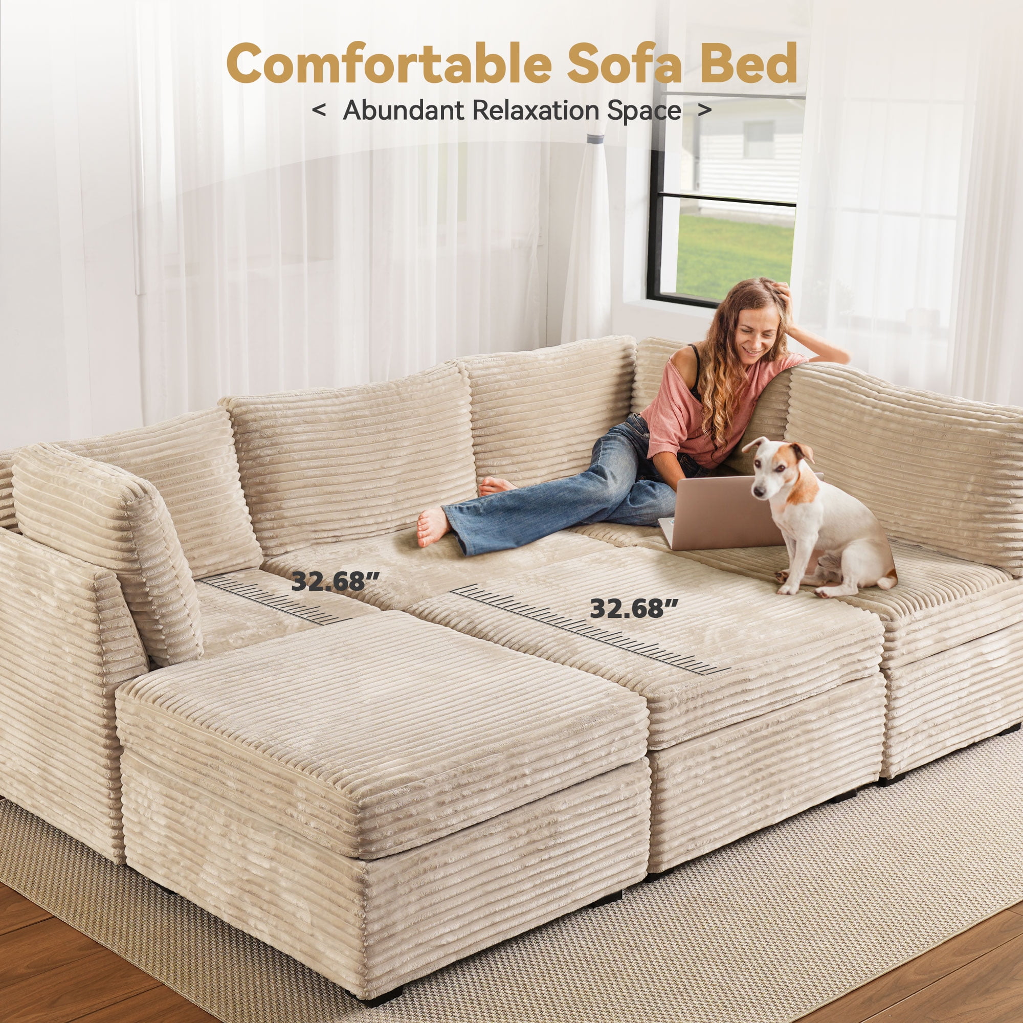 Vcatnet Modular Sectional Sofa Couch Corduroy L Shaped Oversized Modern Minimalist Couch with Deep Seat and Ottoman for Living Room, 5 Seat, Beige