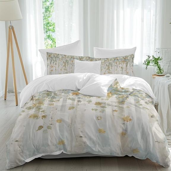 Duvet Cover Twin Size 3 Piece Bedding Set, Autumn Leaves Fallen Leaves Soft Breathable Comforter Cover with 2 Pillow Shams, Orange Blue Gradient Luxury Duvet Covers with Zipper Closure