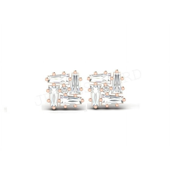 4-Stone Stud Earrings For Women D/VVS1 White Baguette Small Daily Wear Earrings 14K Rose Gold Plating Over Silver