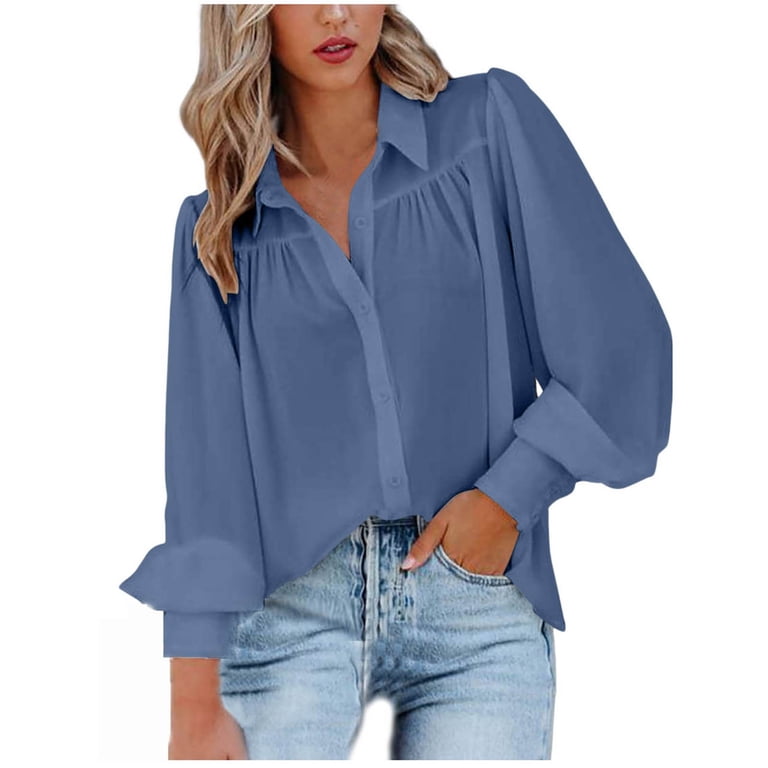 Blmnix Blue Button Up Shirt Fluid Twill Puff Sleeve Summer Blouse