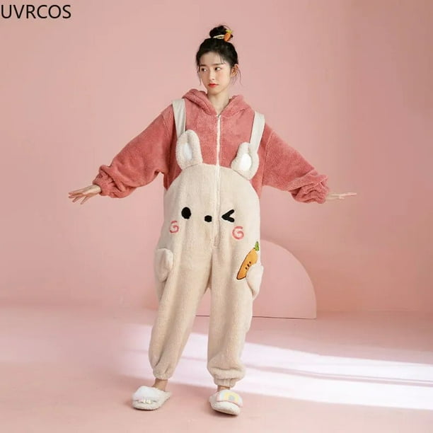 Pijama de dibujos animados con Orejas de conejo para hombre y mujer, ropa de dormir con capucha, bonita y cálida, para el hogar, para invierno