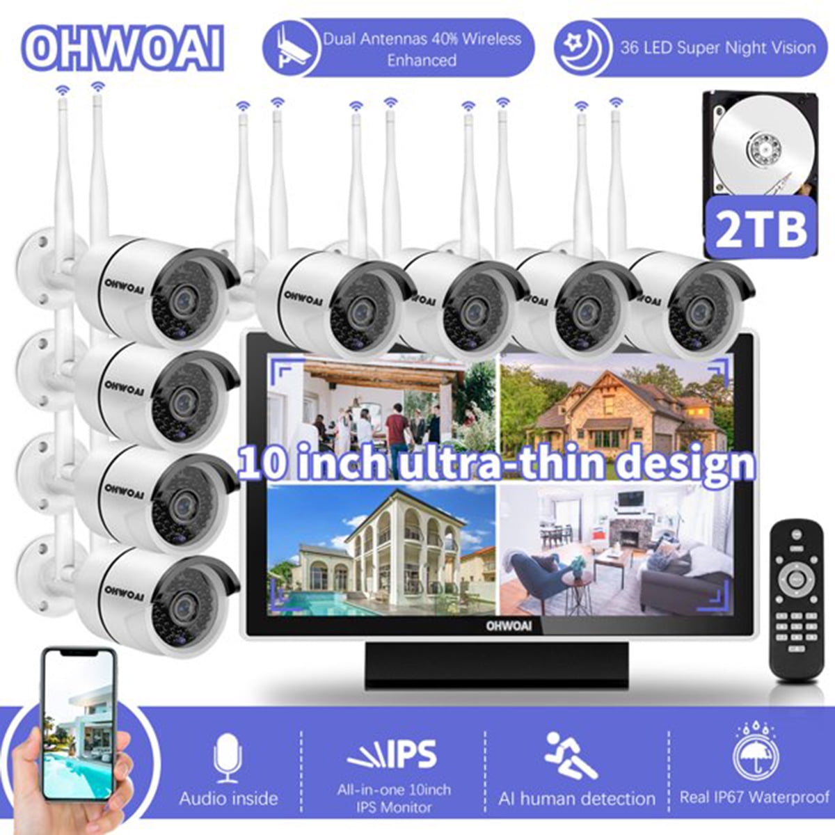 {Wireless Security Camera System with 10-inch monitor}, 2K Dual Antenna  Signal Enhancement 8Pcs 3.0MP Home IP Cameras, Indoor/Outdoor CCTV 