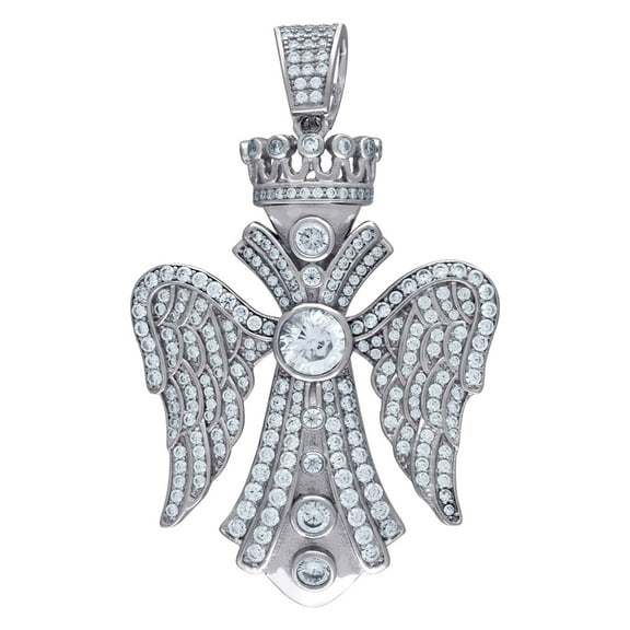 925 Sterling Silver Mens Cubic Zirconia Angel Wings Religious Charm Pendant 53.9x34.3mm Wide Necklace for Men