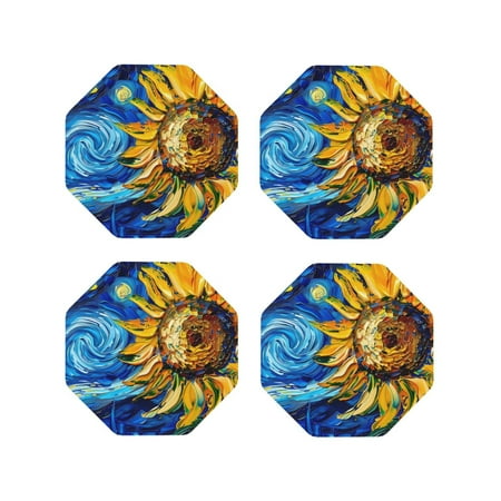 

KLL Drink Coasters Set Octagon of 4 PU Leather Absorbent Coasters Set Decorative Coffee Cup Coasters Housewarming Gift for Home Decor-vintage Starry Sunflower