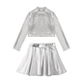 thumbnail image 3 of iEFiEL Girls 2Pcs Metallic Latin Jazz Cheer Performance Dance Costume Long Sleeve Crop Top with Pleated Skirt Silver-A 6, 3 of 7