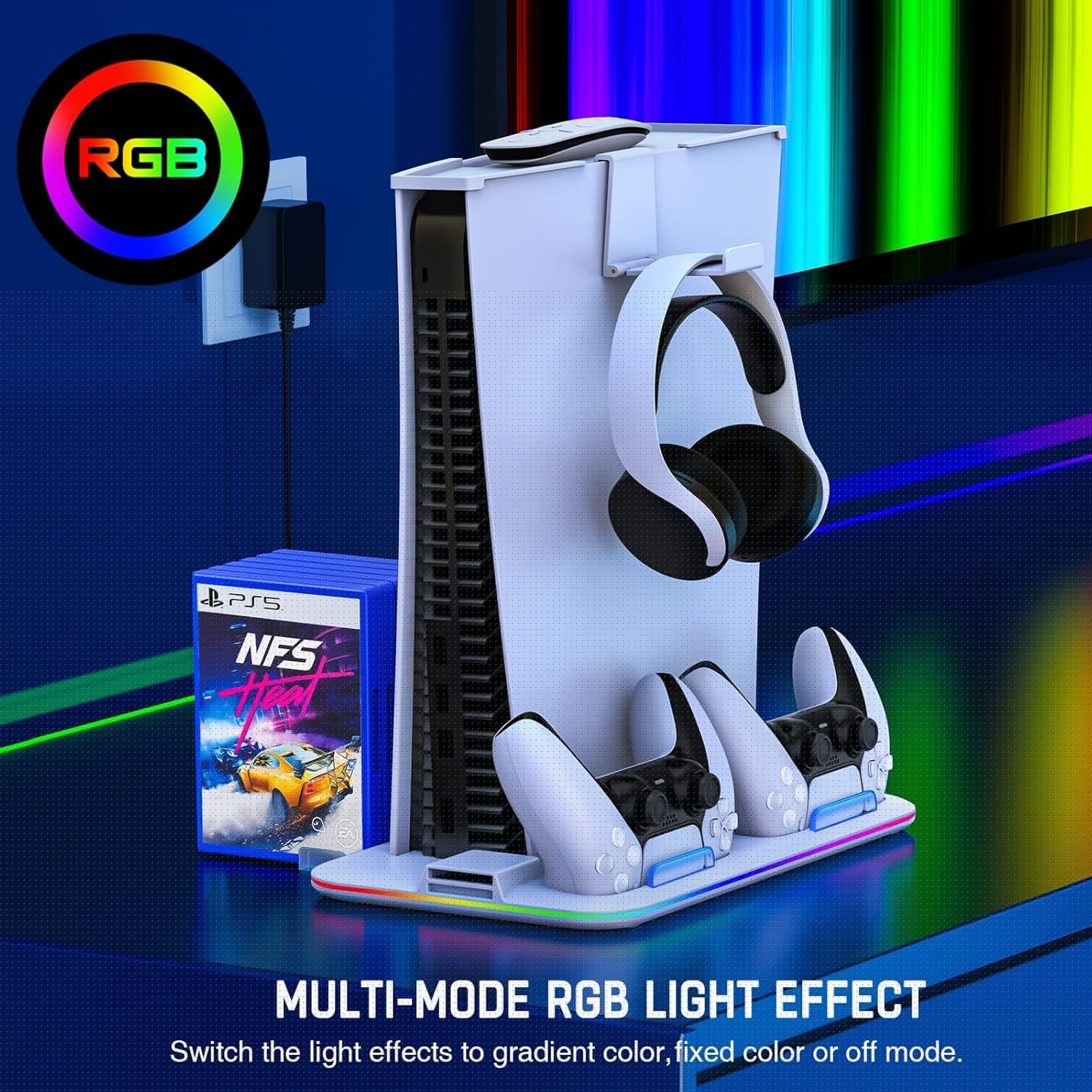 thumbnail image 6 of Cooling Station for PS5 with RGB Light Cooling Fan for PS5 Disc & Digital Editions Game Controllers Charger Station, Headset Holder, 6 Game Slots-White, 6 of 8
