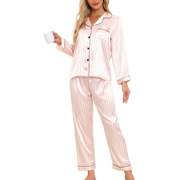 DARING DIVA Women's Satin Floral Button Down Pajama Sets S Pink Stripe