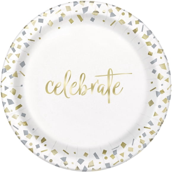 Assiettes en carton 23 cm « Confettis dorés » de Unique Industries, paquet de 10