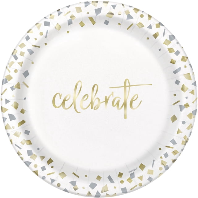Unique Industries' Gold Confetti Celebrate 9" Paper Dinner Plates, 10ct