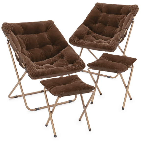 Set of 2 Saucer Chair and Folding Footrest Stool Set, Soft Faux Fur Oversized Accent Chair, Metal Frame Moon Chair for Bedroom Living Room, Brown
