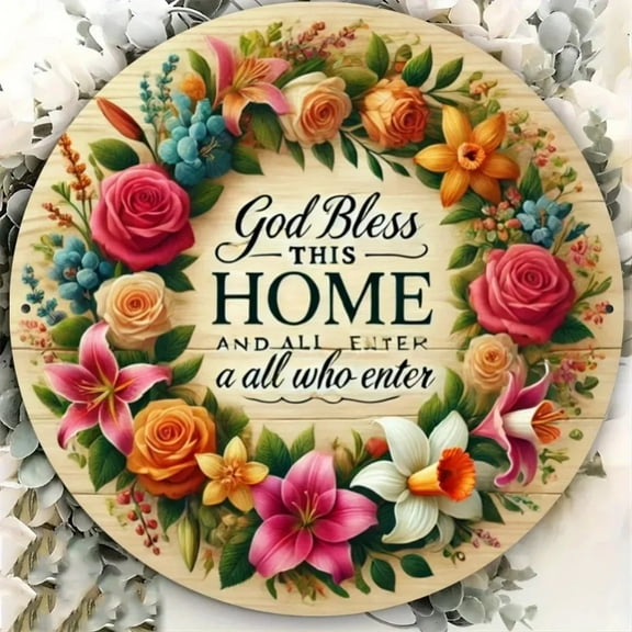 HELLOYOUNG God Bless This Home – Vintage-Inspired  Round Metal Wall Sign | Decor for Home,  Club & Room