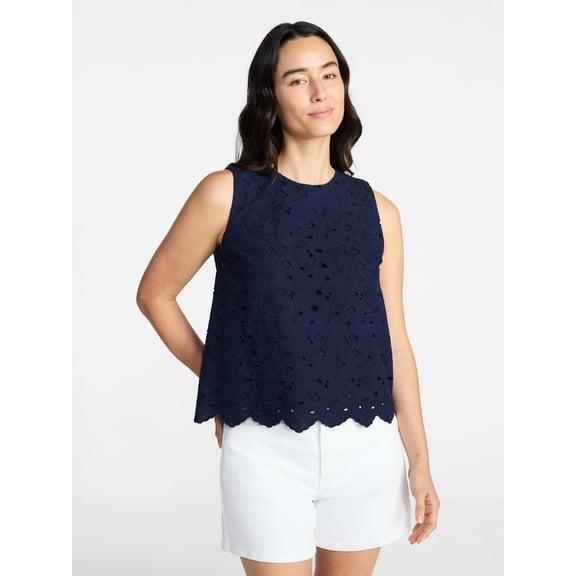 Time and Tru Women’s and Women’s Plus Eyelet Embroidery Top, Sizes XS-4X
