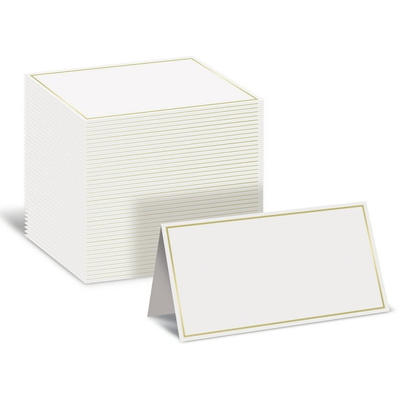 100 Pack Place Cards, 2 x 3.5 in, White with Metallic Gold Leaf Foil Border, Folded Table Tent Cards for Weddings, Dinner Parties, Buffet Banquets, by Better Office Products (100 Count)