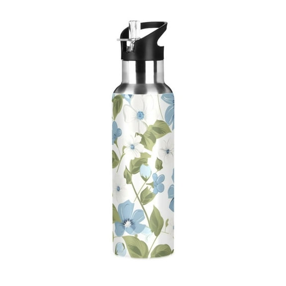 ALAZA Blue Blooming Flower Water Bottle Insulated Flask Stainless Steel Straw Lid 20 oz