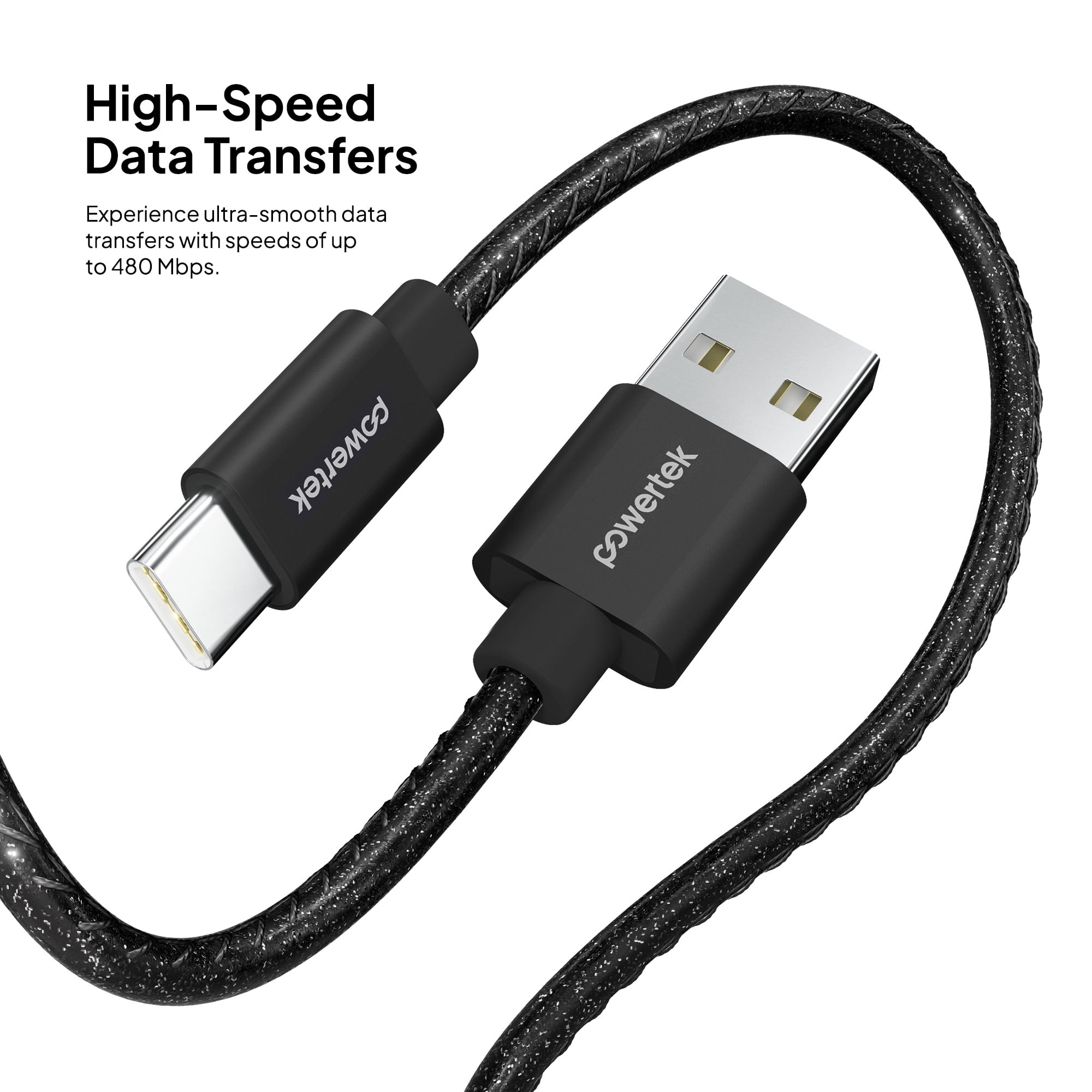 Powertek USB-A to USB-C Cable, Fast Charging Type-C Charger Cord, Durable Tangle-Resistant Sync Cable, Black Glitter, 6FT