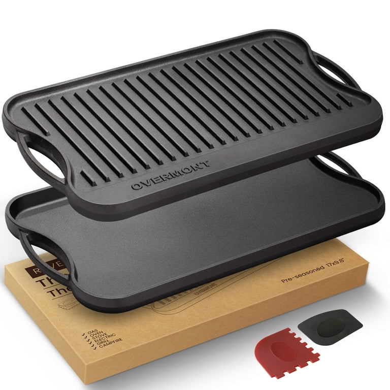 Cast Iron Griddle Plate 13 x 8 inch | Reversible Cast Iron Grill/Griddle  Pan | Double Sided Stove Top Griddle On Single Burner | Pre-Seasoned Small