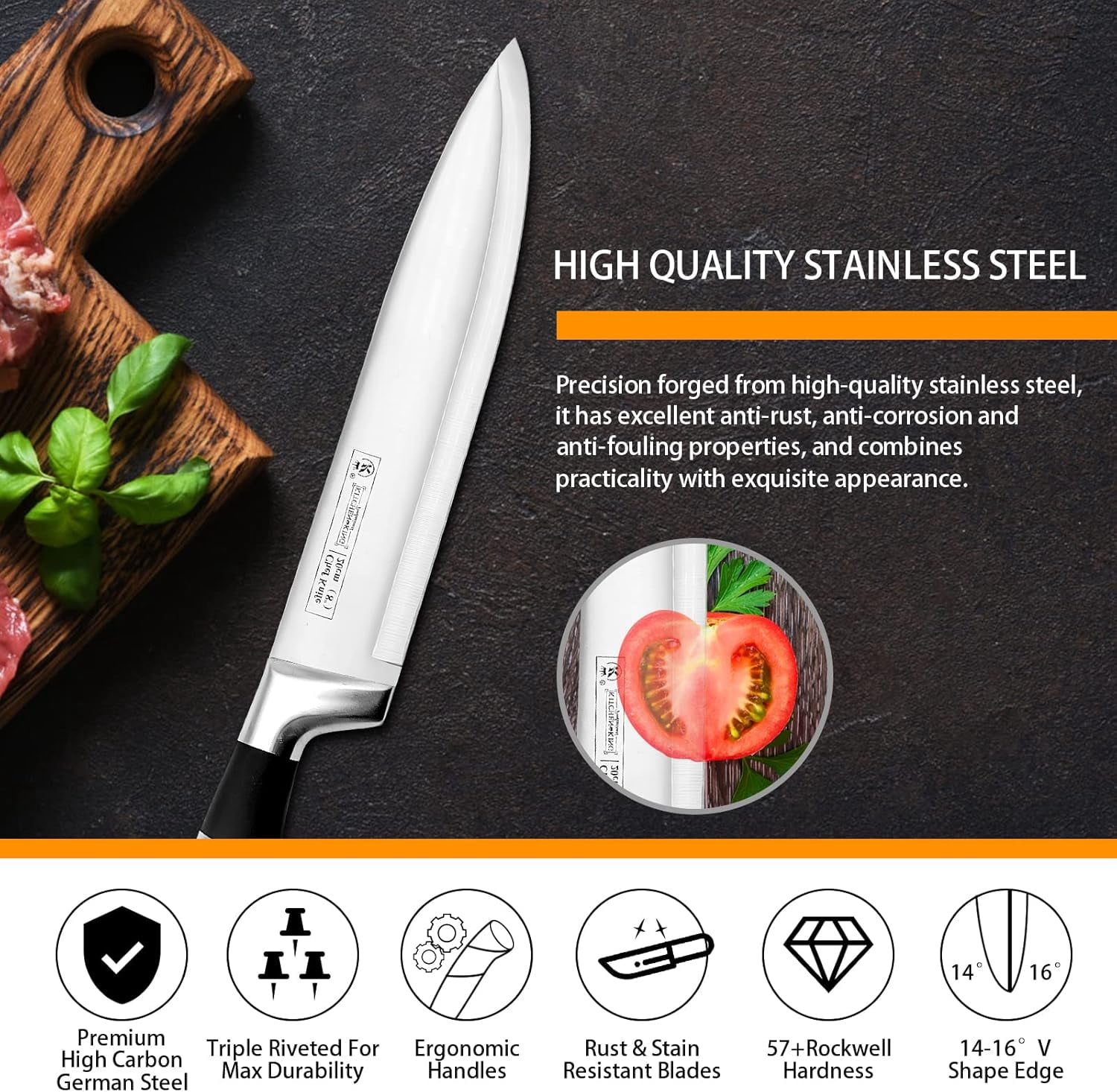 DFS 9-Piece Black Kitchen Knife Set with Block & Sharpener – High-Carbon Stainless Steel Non-Stick Coated Chef Knives for Precision Cutting, Slicing, Dicing - Black