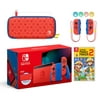 2021 New Nintendo Switch Mario Red & Blue Limited Edition with Mario Iconography Carrying Case and Screen Protector Bundle With Super Mario Maker 2 And Mytrix Joystick Caps