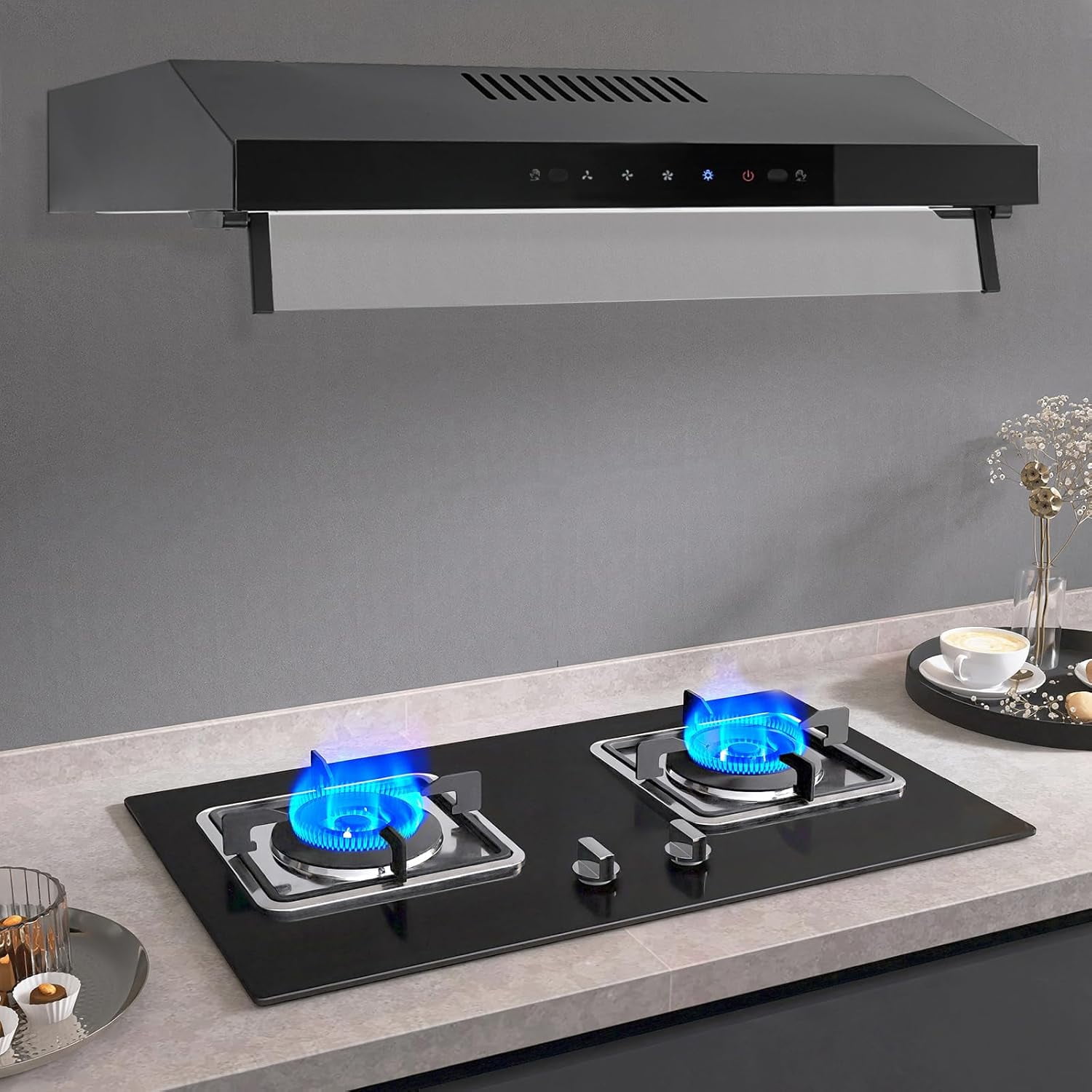 Miumaeov Under Cabinet Range Hood 24In Black Ducted/Ductless Range Hoods Kitchen Stove Vent Hood for Kitchen,3-speed Fan,Touch Control/Gesture Sensing (900CFM)