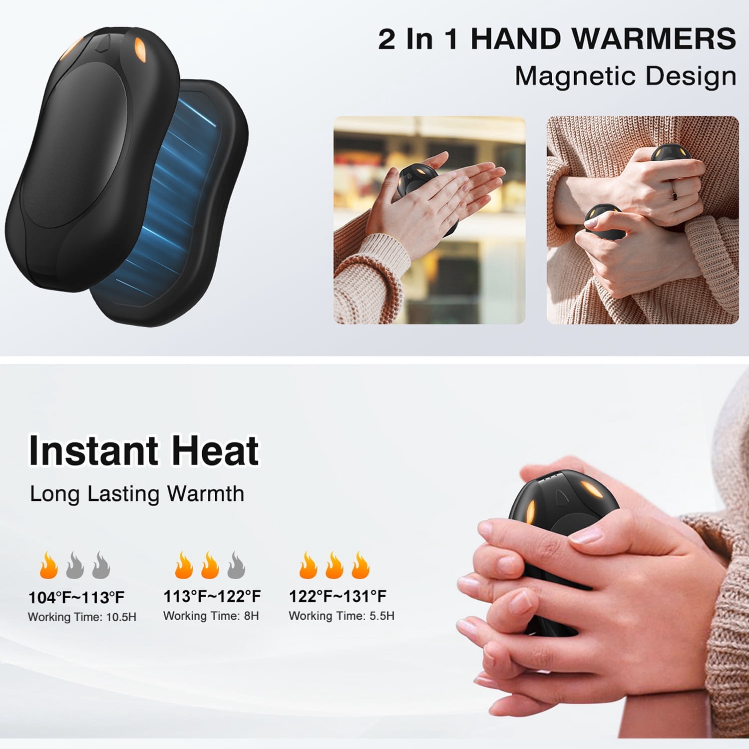 Hand Warmers Rechargeable 2 Pack–Magnetic Heating, 3 Heat Settings, Portable Pocket Warmers for Raynauds, Hunting, Golf, Winter Camping
