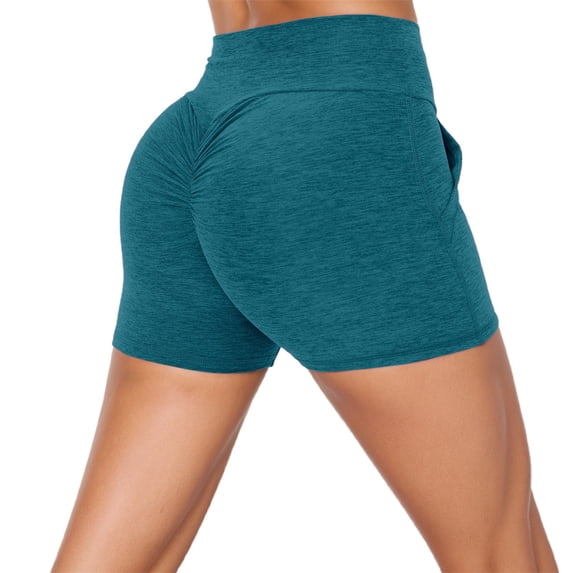 Yoga Shorts for Women High Waist Butt Lifting Stretchy Slim Fit Solid Print Pocket Ruched Gym Shorts for Athletic Wear Blue M