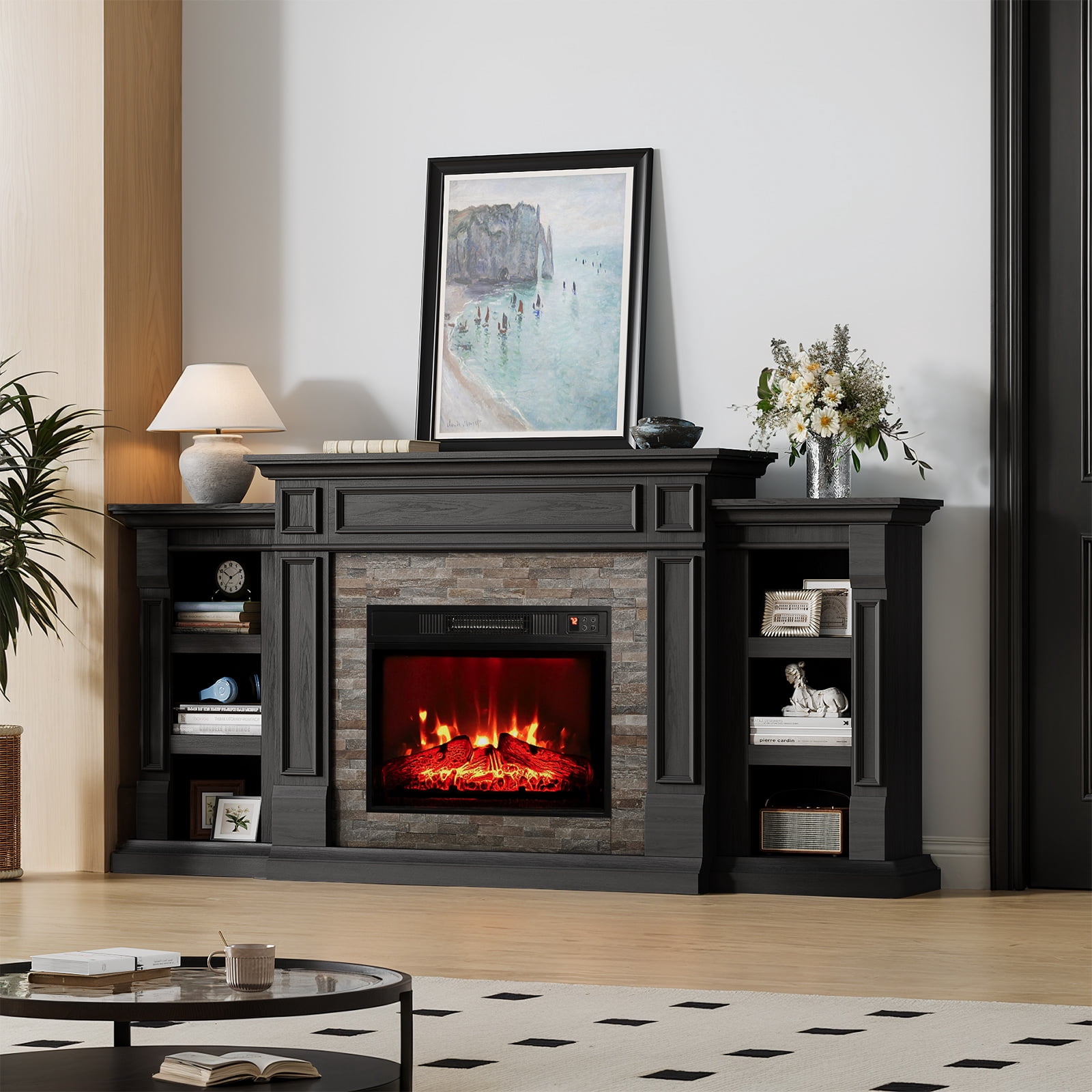 72" Fireplace Mantel with 23" Electric Fireplace and Bookshelves, Wooden Storage Freestanding Heater with Remote Control,Black