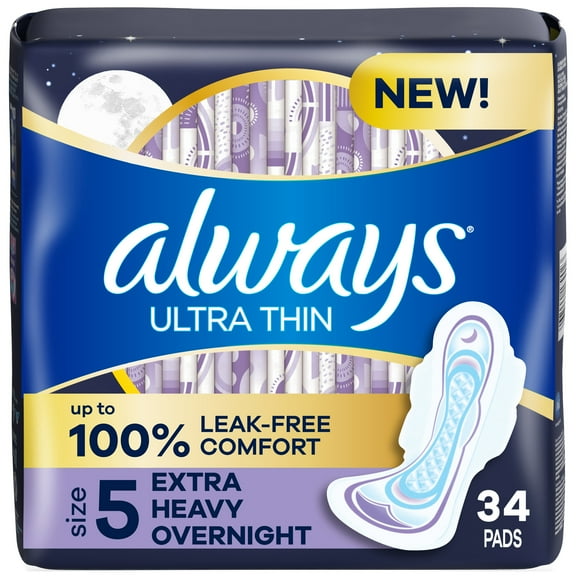 Always Ultra Thin Overnight Pads with Wings, Size 5, Extra Heavy Overnight Absorbency, 34 Count