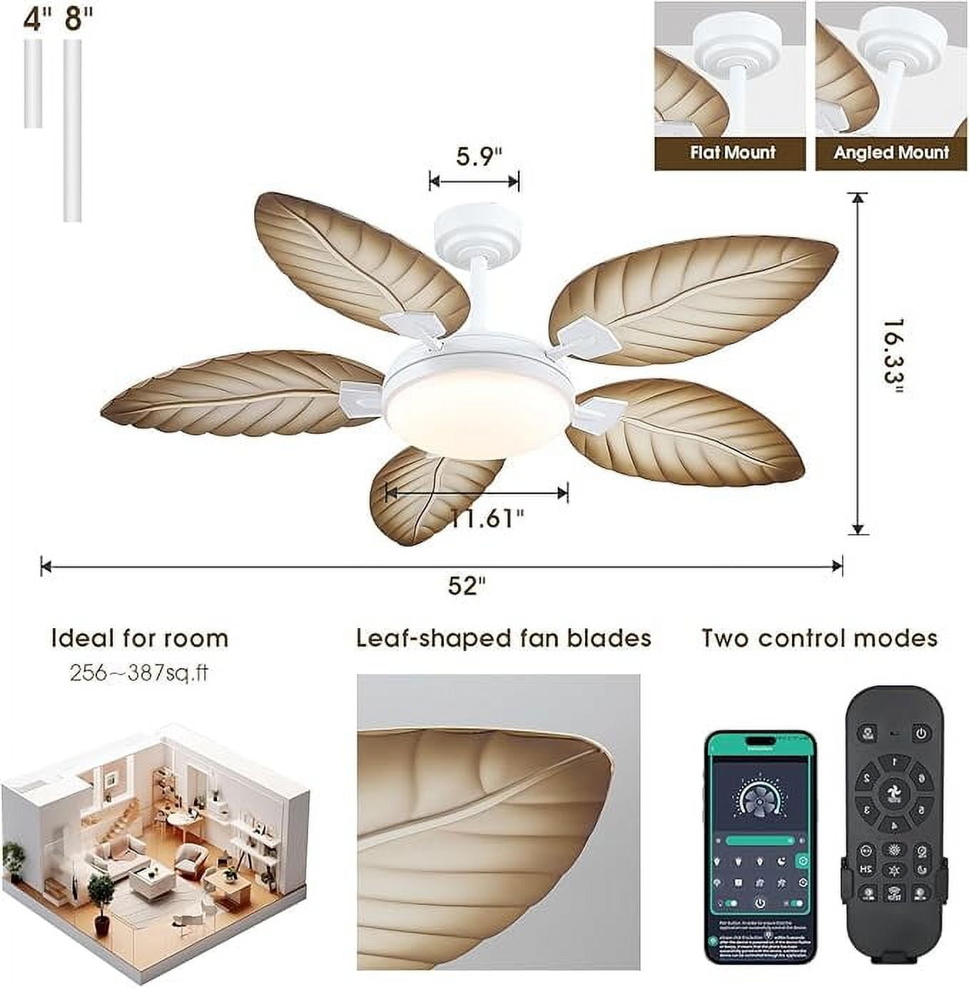 Phorus 52" Tropical Ceiling Fan with Dimmable LED Light & Remote, Quiet DC Motor, 6 Speeds, Reversible, App Control – For Indoor & Covered Outdoor Patio, Porch, Bedroom