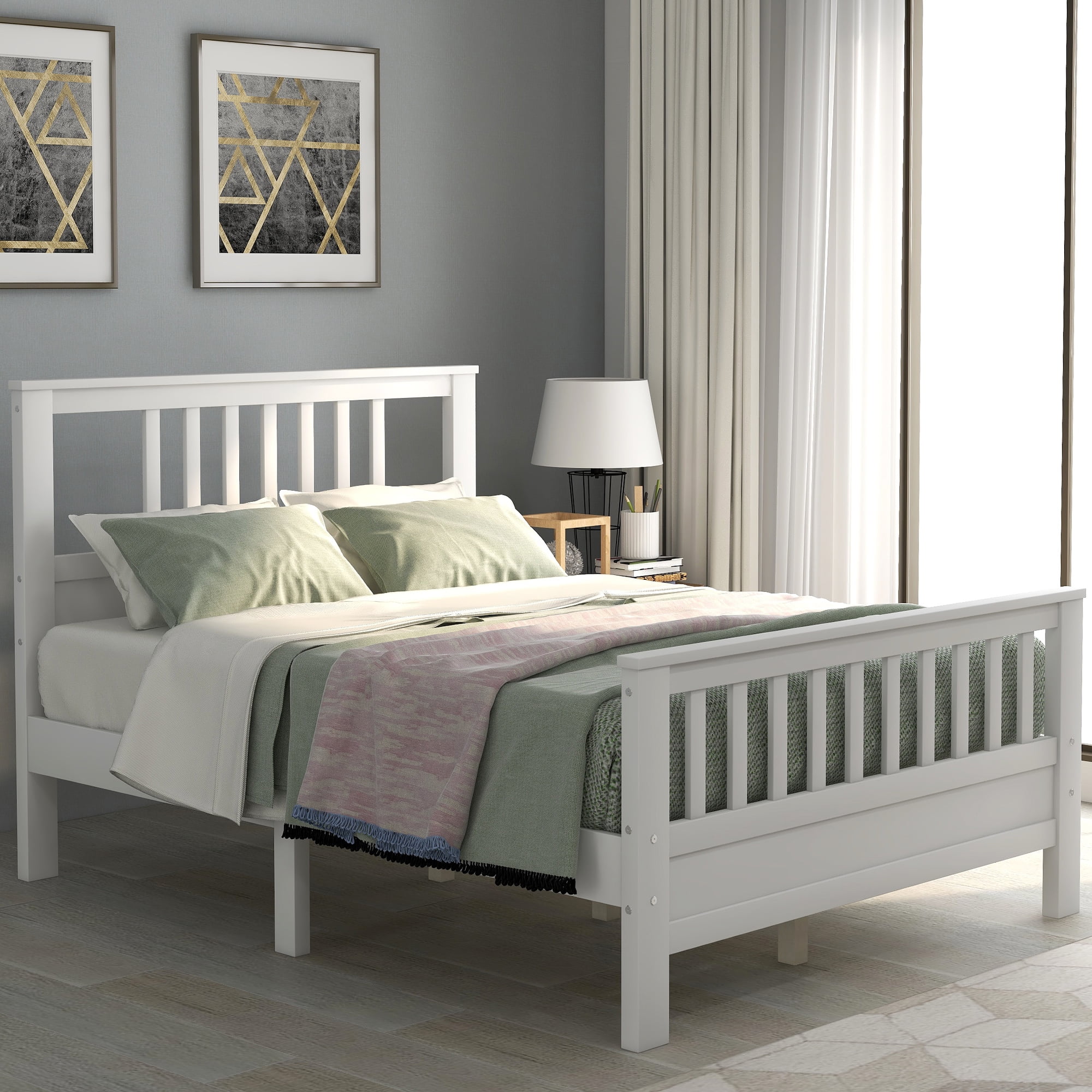 Full Bed Frame, White Full Platform Bed Frame with Headboard, Modern