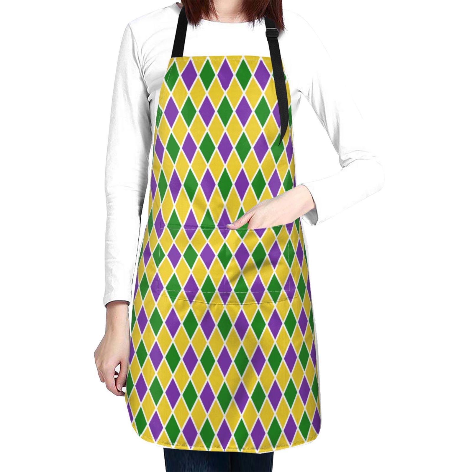 Kdxio Mardi Gras Purple Yellow Plaid Apron with Pockets Adjustable Kitchen Aprons for Men Women Waterproof Aprons for Cooking,Drawing,Crafting, Baking Household Cleaning