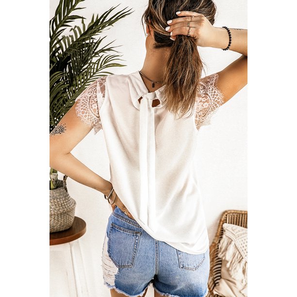 ABPHQTO Camiseta de cuello alto con nudo de empalme de encaje blanco para mujer