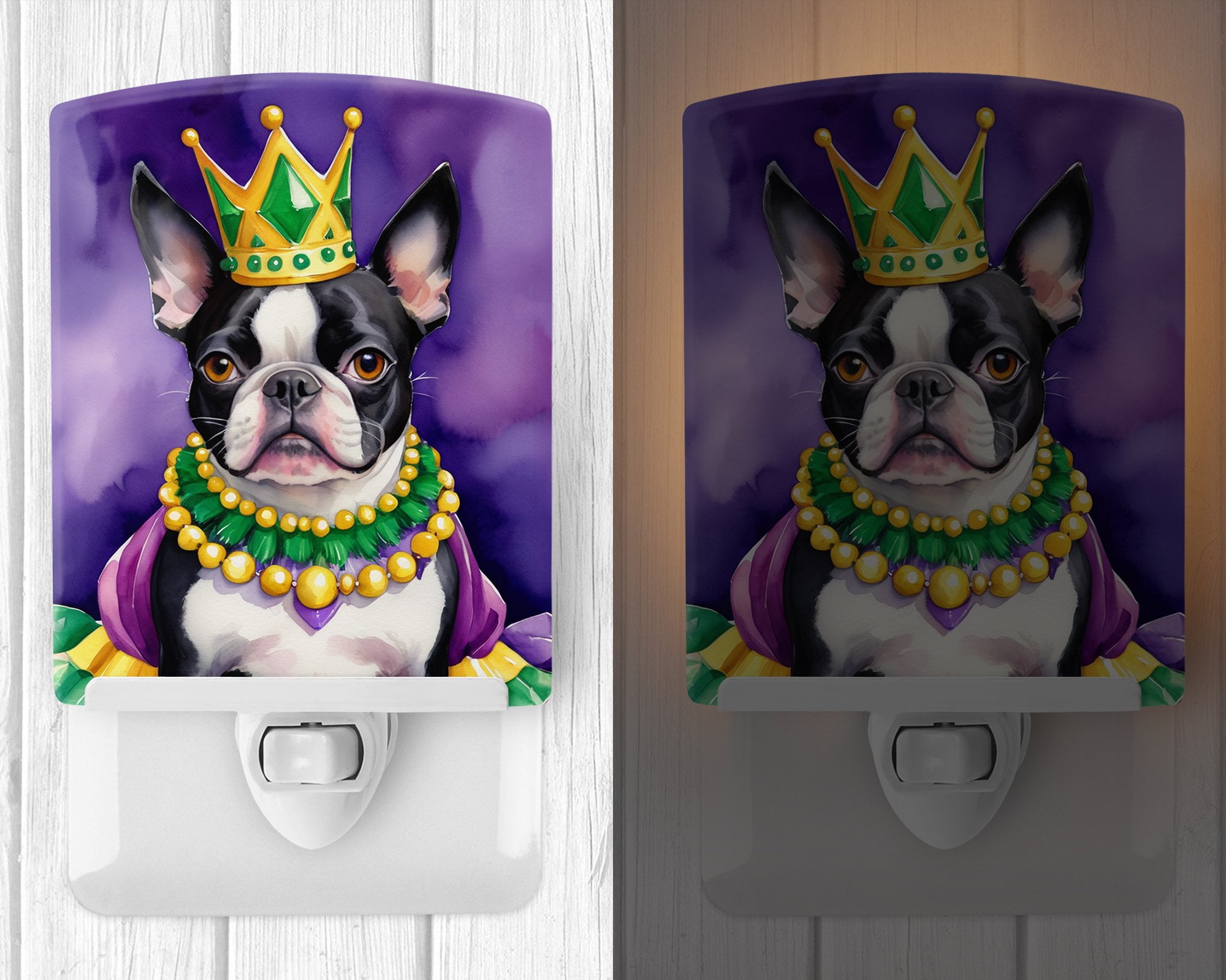 Boston Terrier King of Mardi Gras Ceramic Night Light 4 in x 6 in