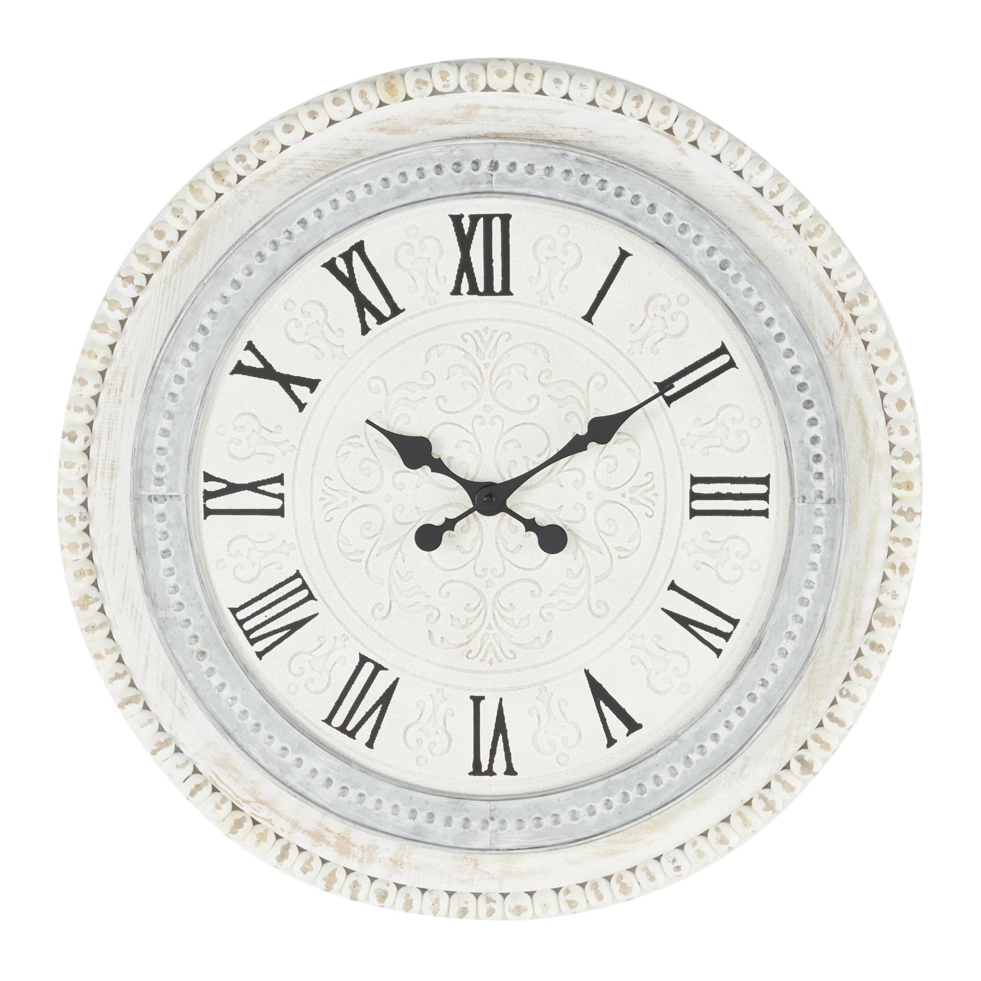DecMode 22 White Wood Scroll Carved Beading Wall Clock