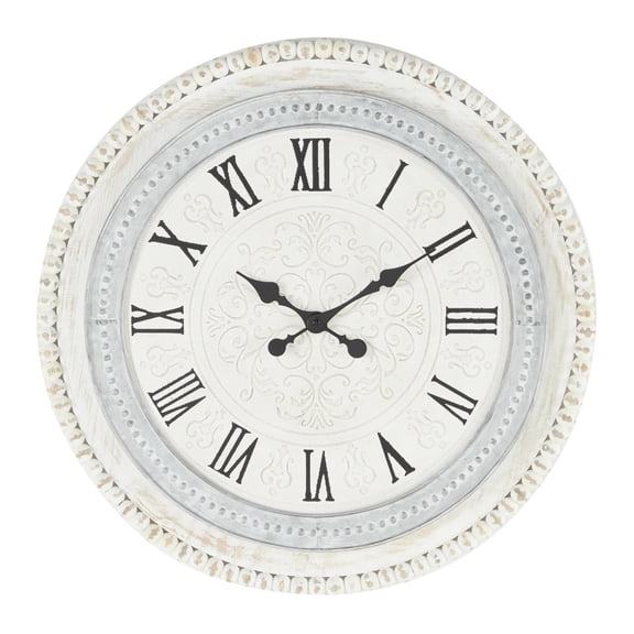 DecMode 22" White Wood Scroll Carved Beading Wall Clock