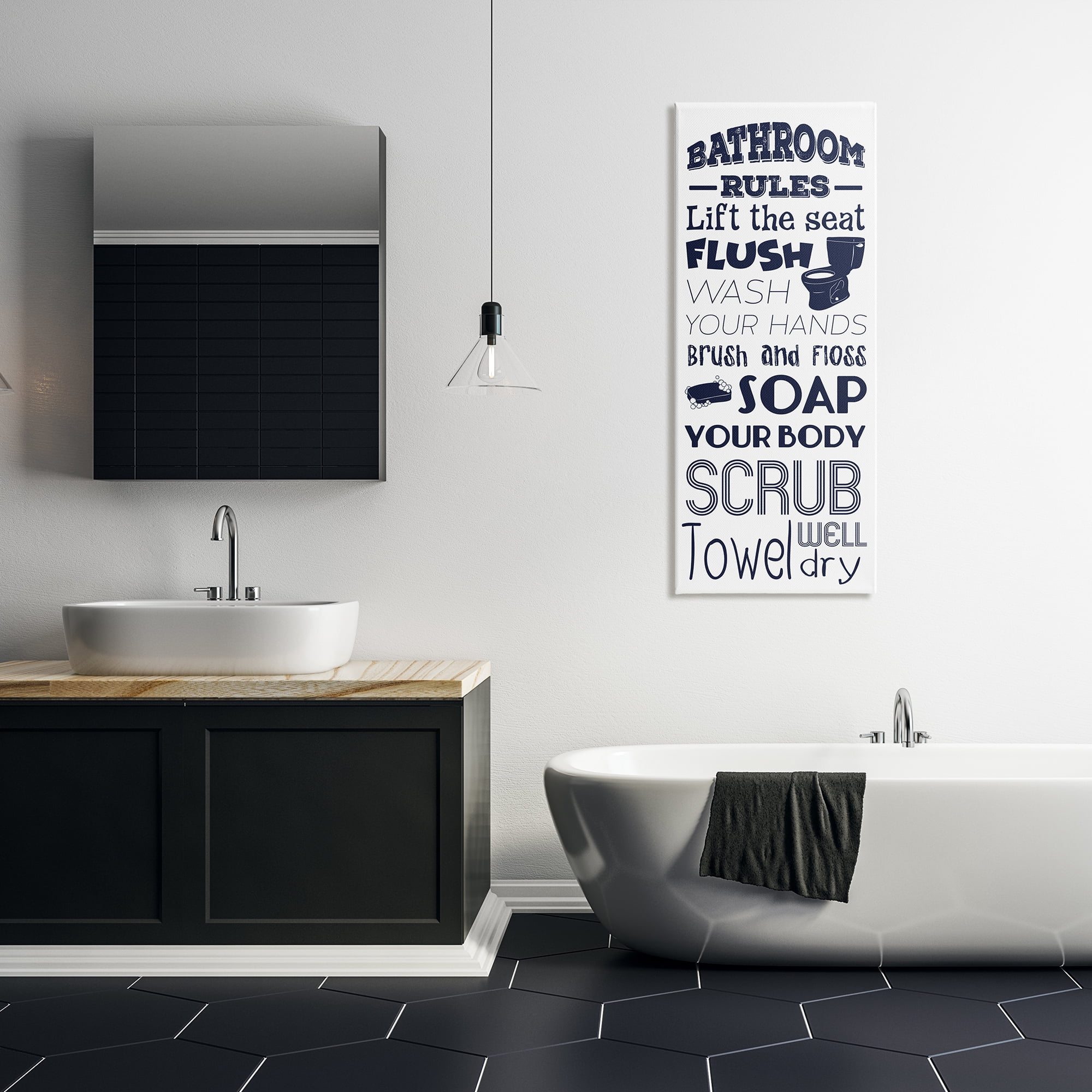 Stupell Industries Bathroom Rules Sign Navy Blue Toilet Bubbly Soap, 20 x 48, Designed by Marcus Prime