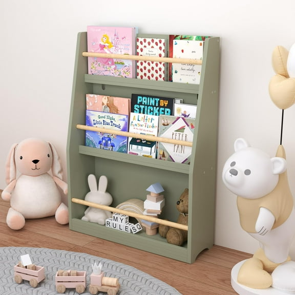 Yoneston Kids 3-Tier Bookcase with Wood Rails, Children's Standing Display Bookshelf for Playroom, Bedroom, Nursery, Sage Green