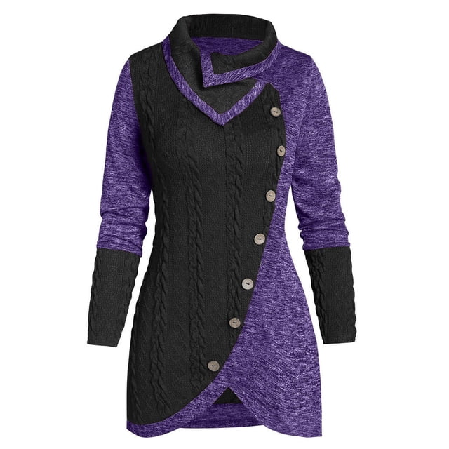 Qertyioot Chandail Grande Taille pour Femmes Col Rond Manches Longues Bouton Solide Patchwork Asymétrique
