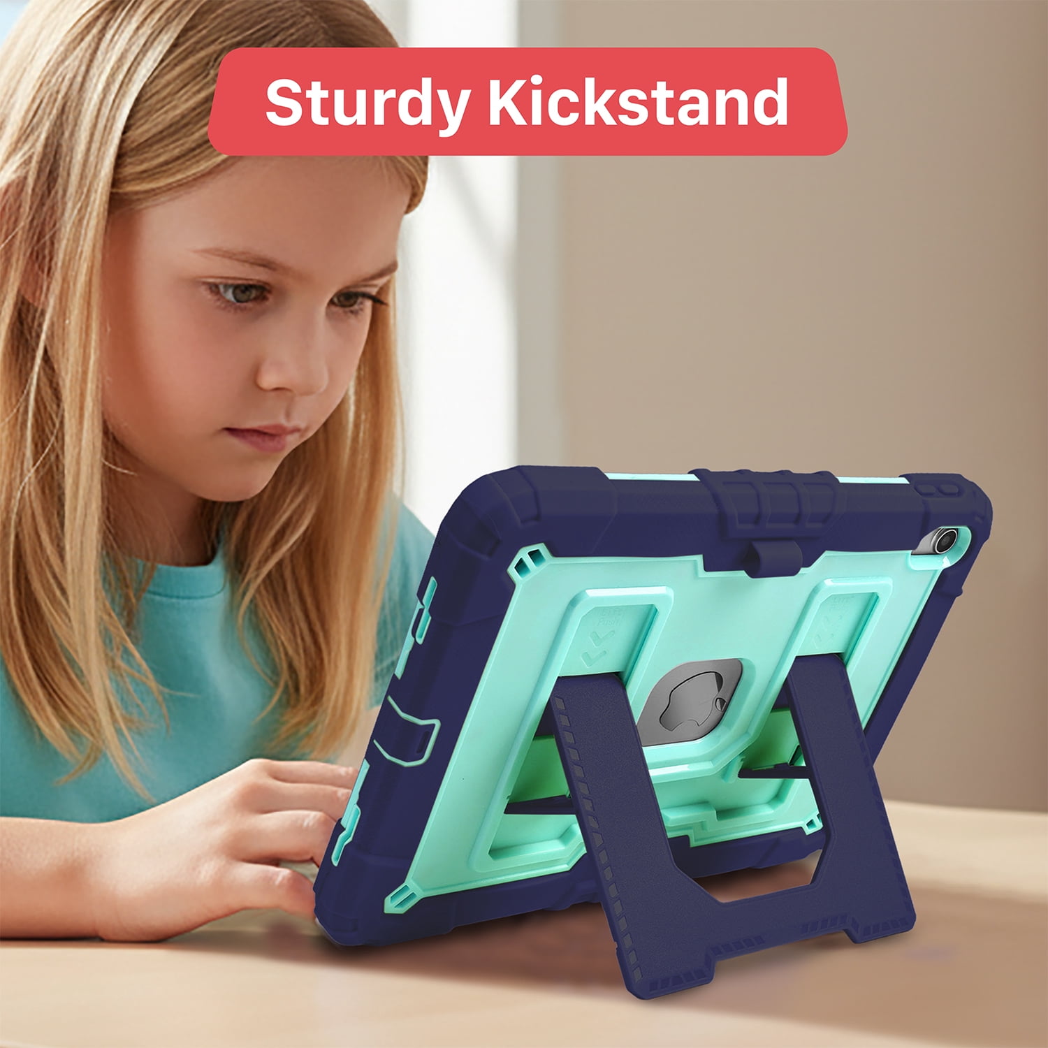 Vena Kids Case For Apple iPad A16 11th Generation 11 Inch 2025, iPad 10th Gen 10.9" Protective Case Cover With Kickstand, Pencil Holder and Shoulder Strap, Blue/Mint Green