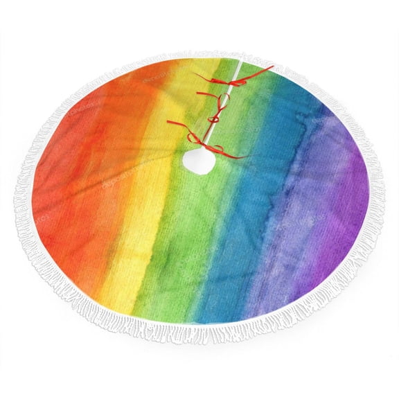 Abstract Striped Rainbow Christmas Tree Skirts with Tassel Decorations Indoor Outdoor for Holiday Party Home Decor 30"