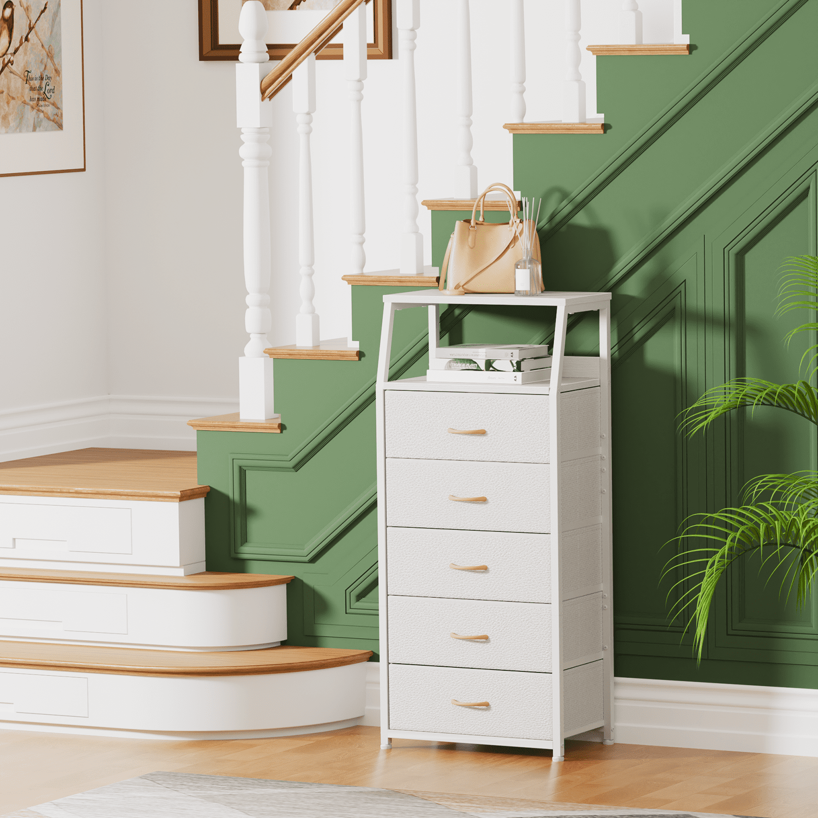 Satifur 5-Drawer Nightstand,Tall Fabric Dresser Storage End Table,for All Age,Metal Frame,White