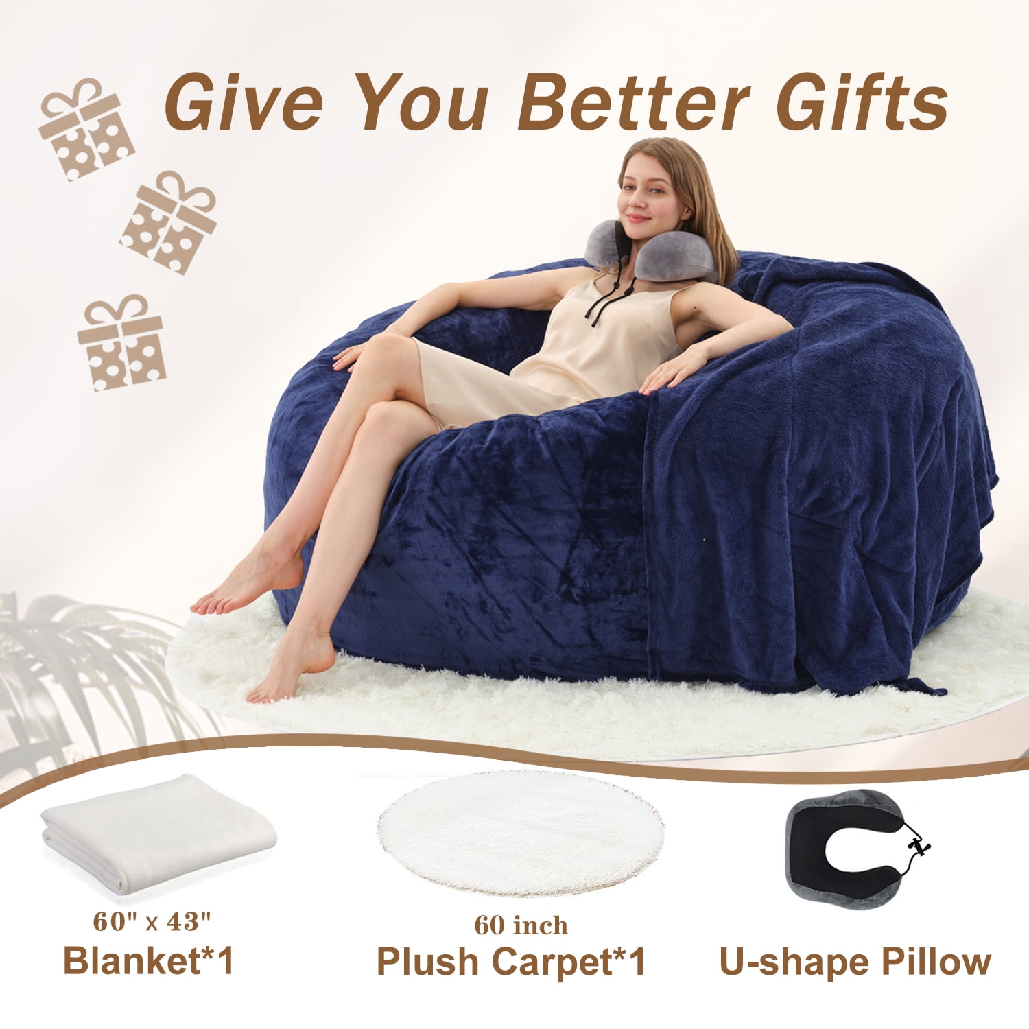 VIREO Bean Bag Chair - 3FT Bean Bag Chairs for Adults Memory Foam Filler Beanbag Chair with Ultra Soft Removable and Washable Flannel Cover, Beanbag Chairs for Living Room - Blue