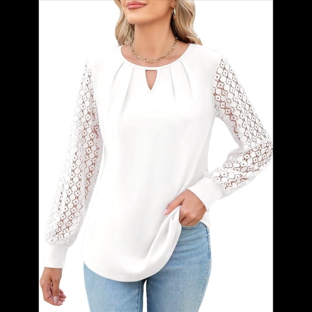 Camisas de Larga para Mujer, Blusas de Encaje, Ropa Informal de Negocios, Moda de Otoño, Blusas Tejidas Y2k S