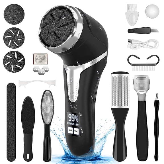Rirool Electric Callus Remover for Feet with Vacuum, Rechargeable Foot File with 3 Quartz Heads & 2 Speeds, IPX7 Waterproof, LCD Display, 10-in-1 Pedicure Kit for Dead Skin Removal, Black