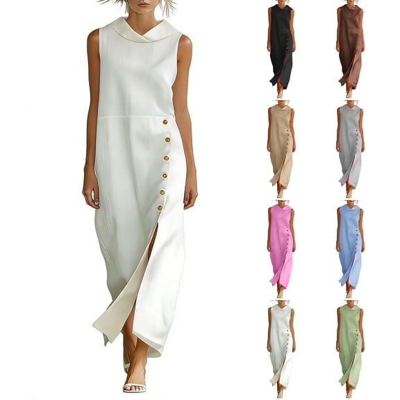 AKOEE Women's Linen Maxi Dress Buttons Split Sleeveless Cowl Neck Elegant Wedding Guest Summer Casual Long Dress (2XL, White)