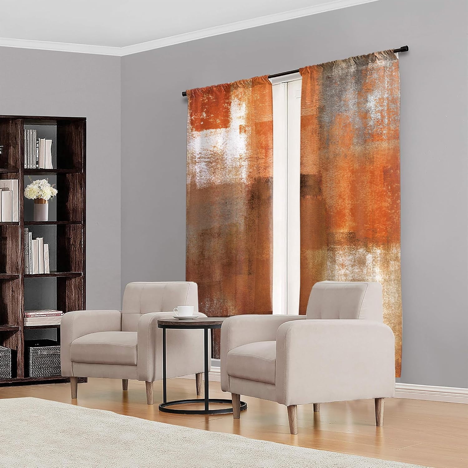 Abstract Burnt Orange Curtains 52Wx84H Inch Rod Pocket Gray Rust Brown Watercolor Oil Painting Bedroom Window Drapes Cool Modern Simple Printed Living Room Window Treatment Fabric 2 Panels