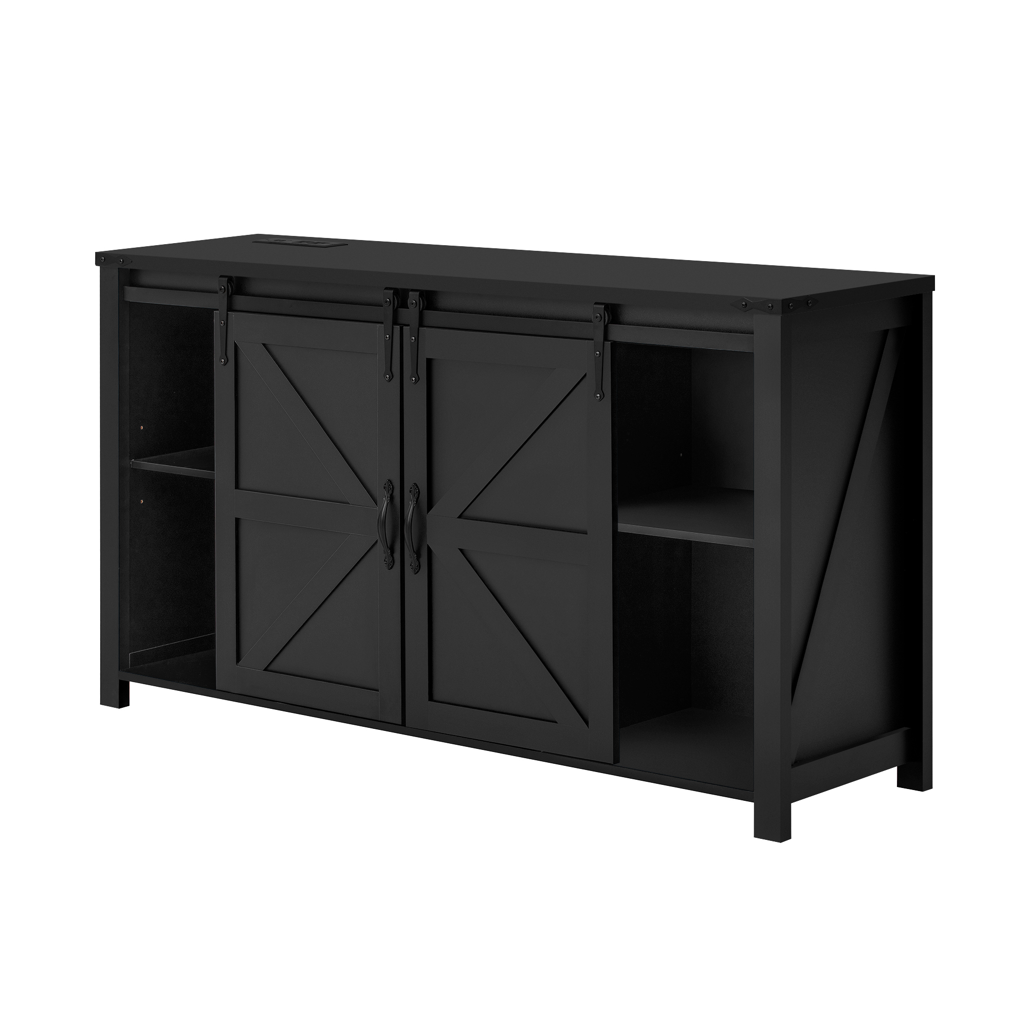 Euroco 55" Large Sideboard Buffet Cabinet, Farmhouse Storage Cabinet with Sliding Barn Doors,Power Outlet and 4 Drawers,Wood Coffee Bar Table for Kitchen,Living Room,Black