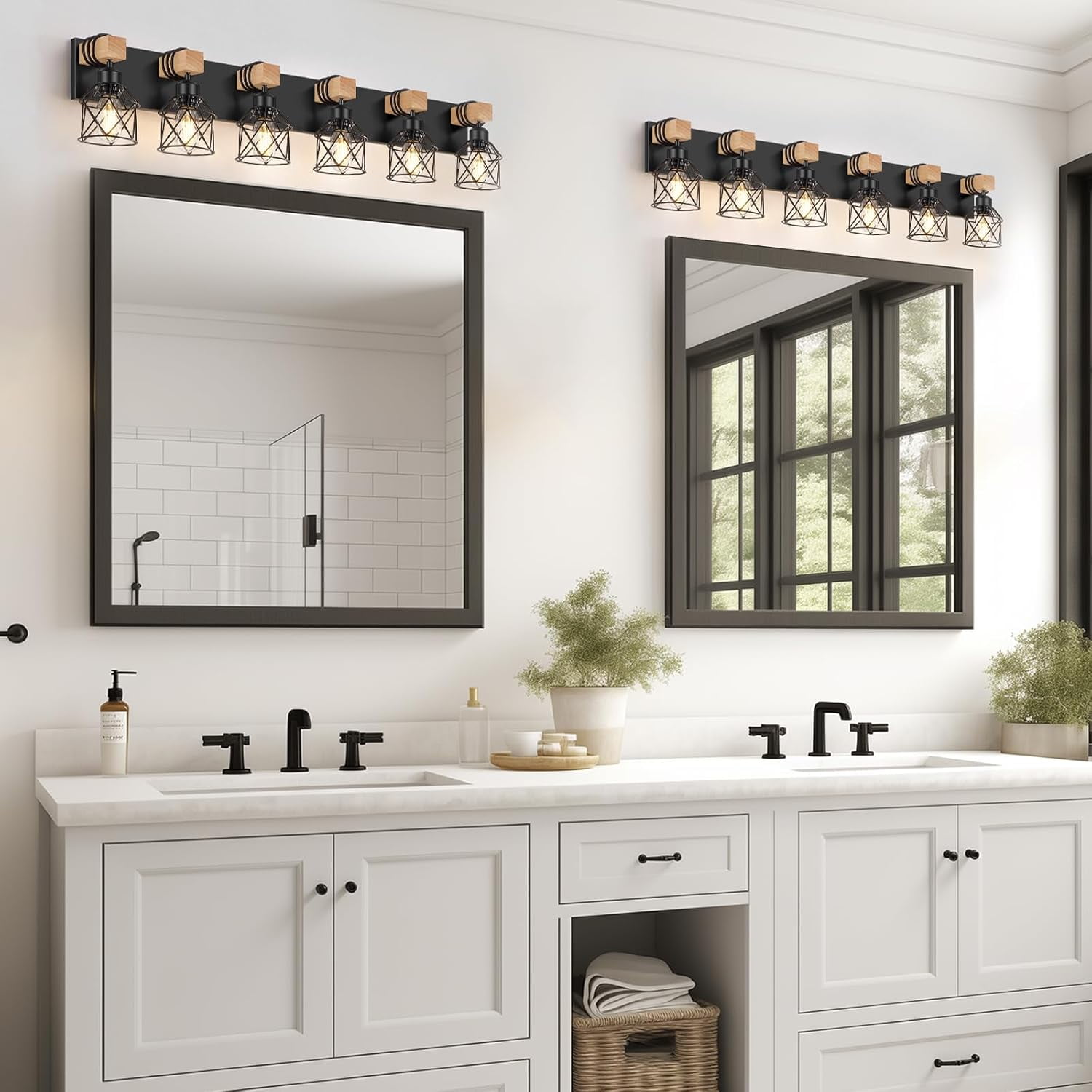 6-Light Farmhouse Bathroom Lighting Fixtures, Wood Black Vanity Lights Over Mirror, Rustic Wall Sconces Lighting with Metal Lampshade, Vintage Wall Lights for Bedroom, Living Room, Hallway