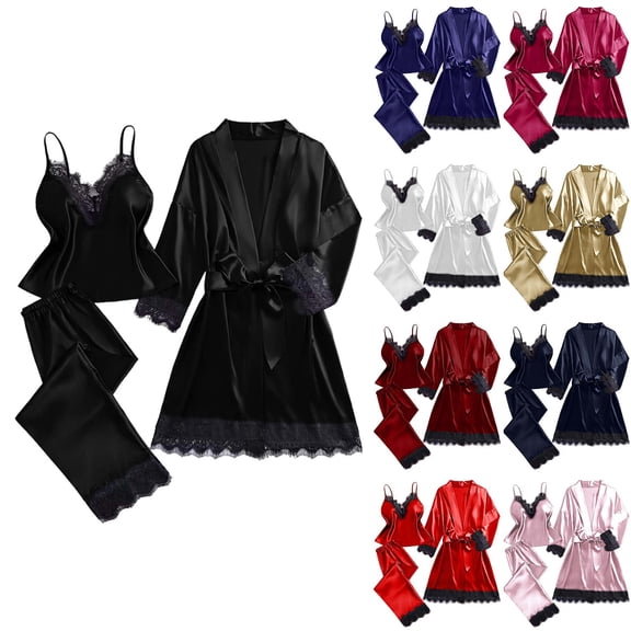 GERsome 3pcs Womens Silk Satin Pajamas Set - Lace Cami Pant Sleepwear Lounge with Robe Sets S-3XL